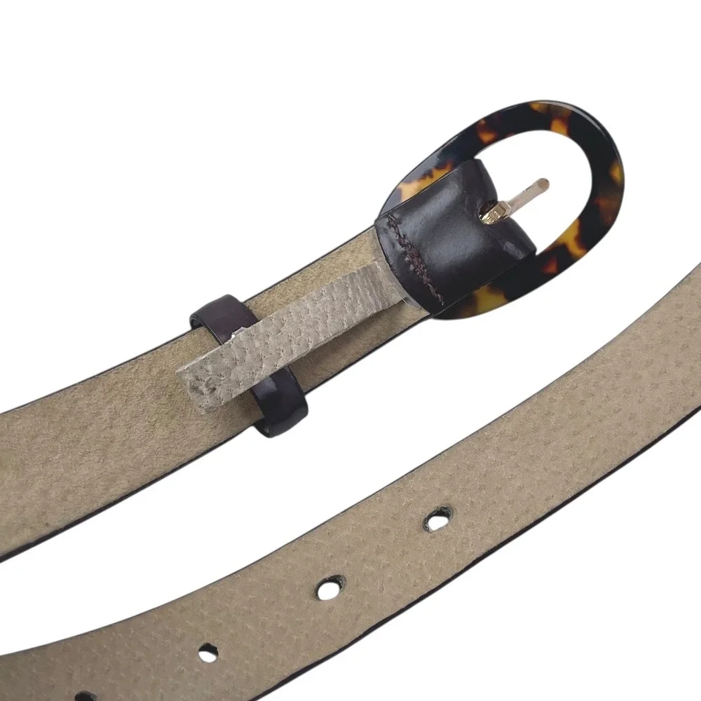 INC Womens Tortoise Shell Oval Buckle Dark Brown Leather Belt Sz M Retro Classic